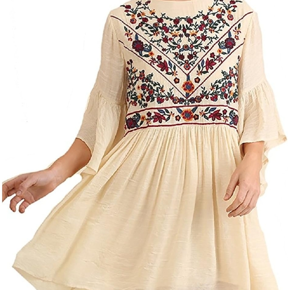 Umgee Cream Sundress with Bell Sleeves and Crew Neck
